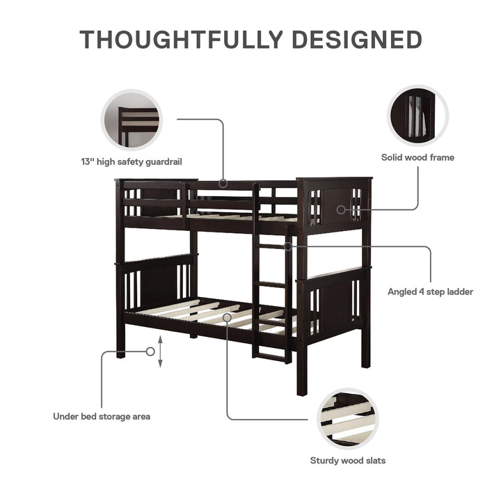 Dylan Wooden Twin over Twin Bunk Bed with Wood Slats - Espresso