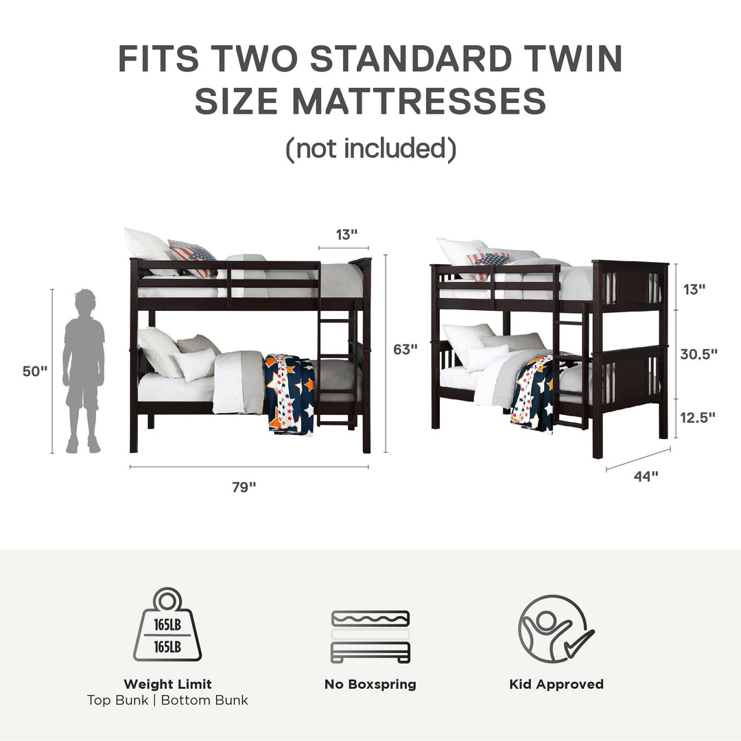 Dylan Wooden Twin over Twin Bunk Bed with Wood Slats - Espresso