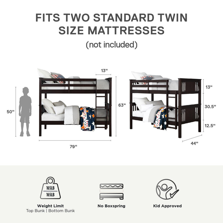 Dylan Wooden Twin over Twin Bunk Bed with Wood Slats - Espresso