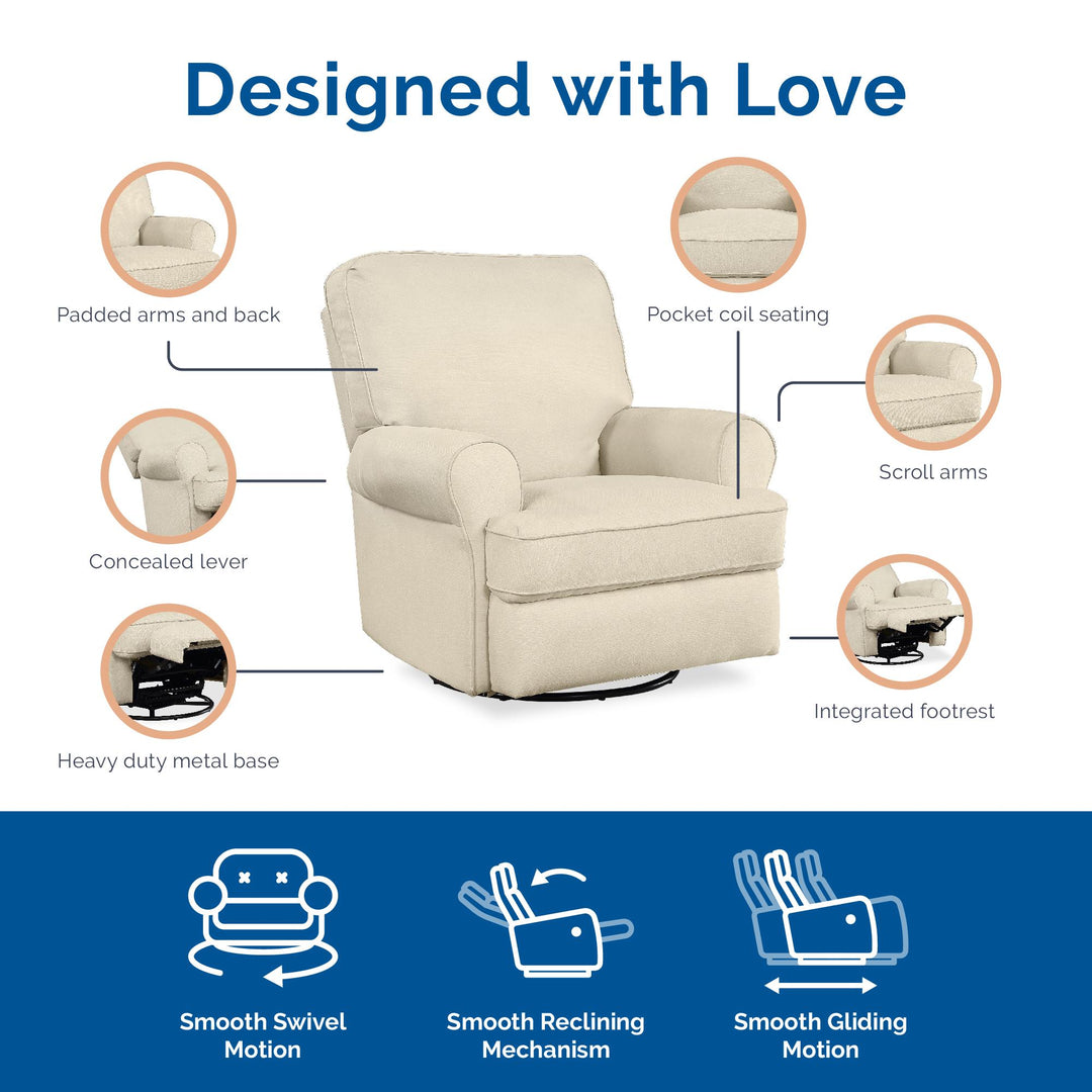 Tiana Swivel Glider Recliner Chair with Big Roll Arms and Pillowback - Beige