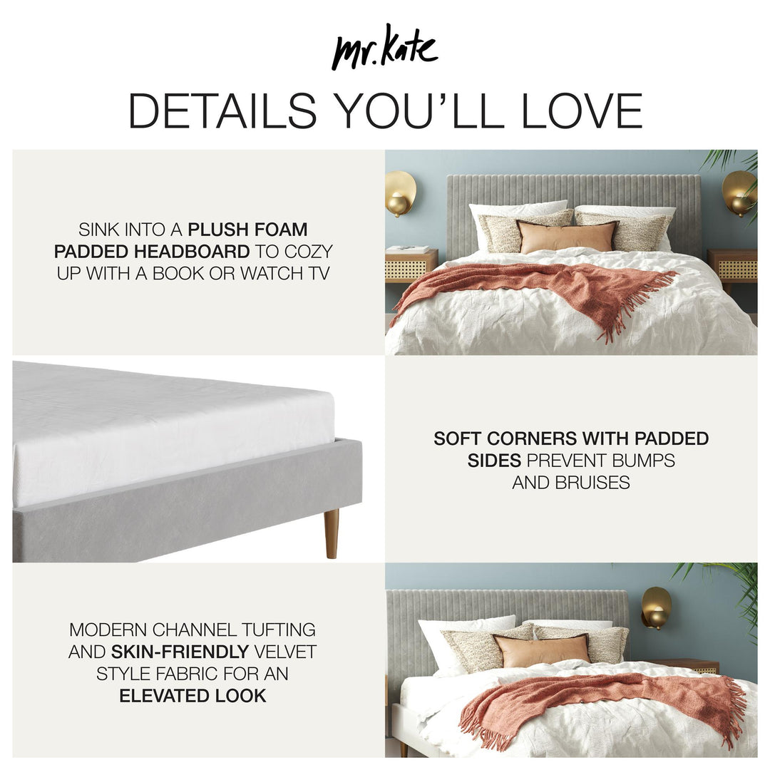 Daphne Velvet Upholstered Bed with Channel Tufted Headboard - Light Gray - Queen