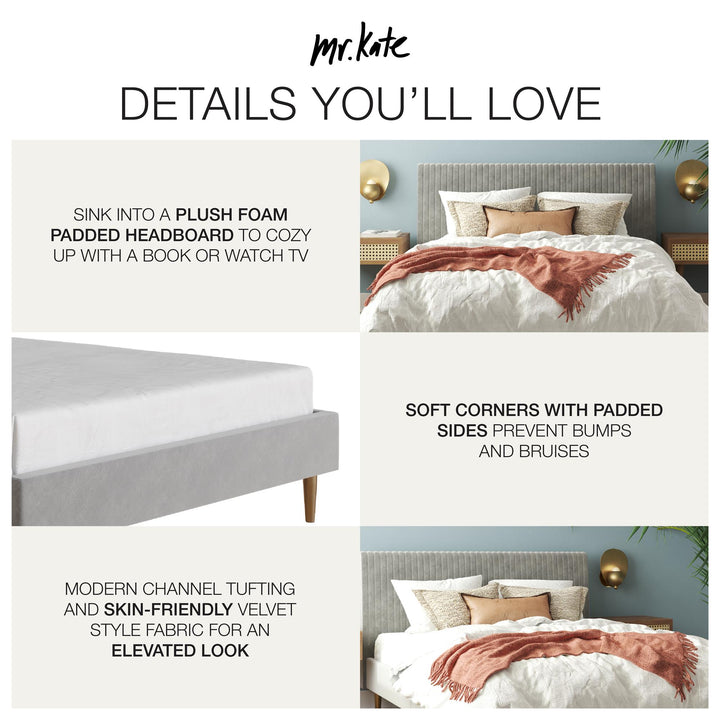 Daphne Velvet Upholstered Bed with Channel Tufted Headboard - Light Gray - Queen
