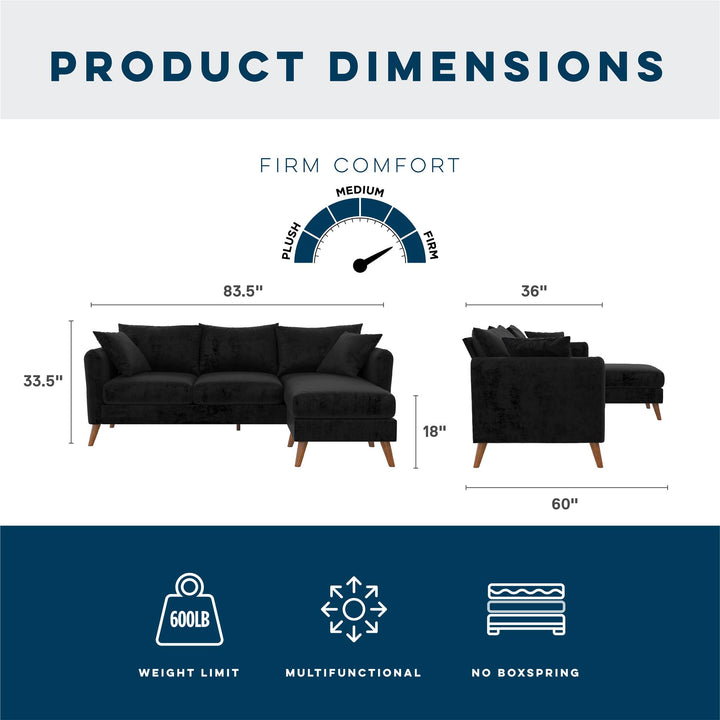 Magnolia Reversible Sectional Sofa with Pillows - Black