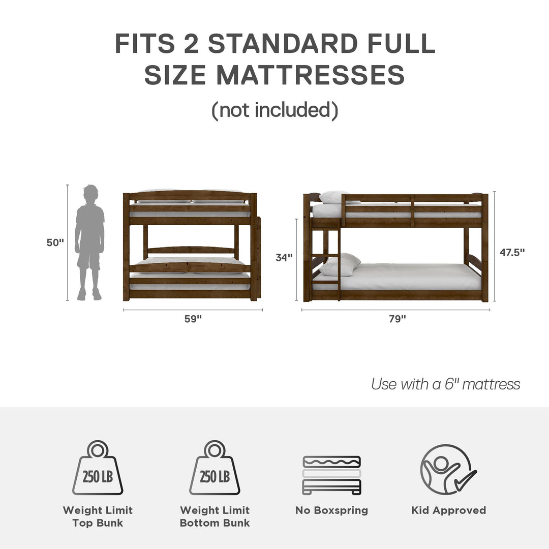 Sierra Full over Full Wood Bunk Bed, Converts into 2 Full Beds - Mocha - Full-Over-Full