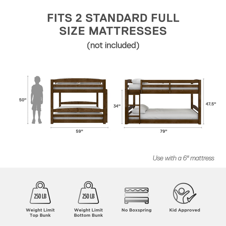 Sierra Full over Full Wood Bunk Bed, Converts into 2 Full Beds - Mocha - Full-Over-Full