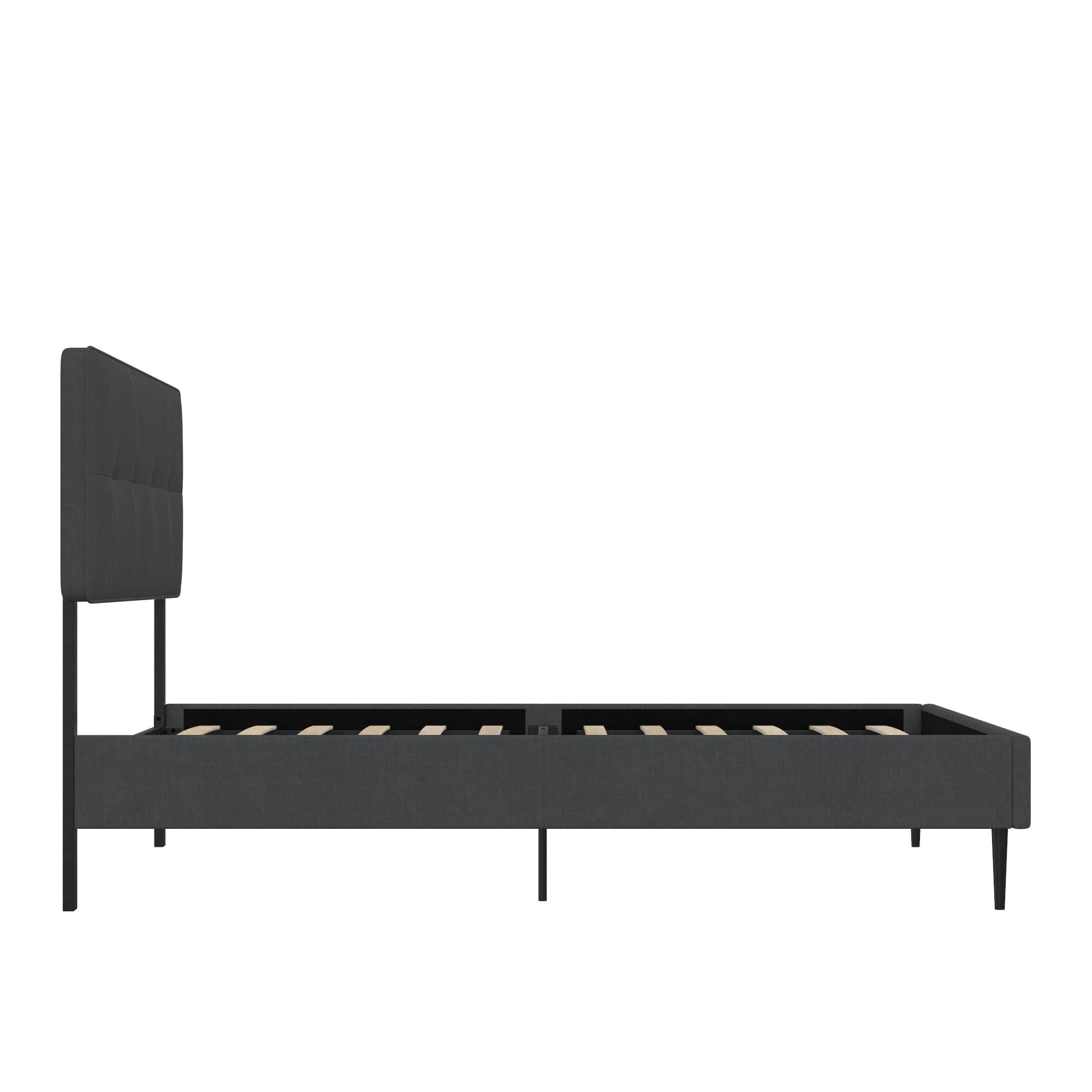 Tyler Linen Upholstered Bed with Square Tufted Headboard and Wooden Frame