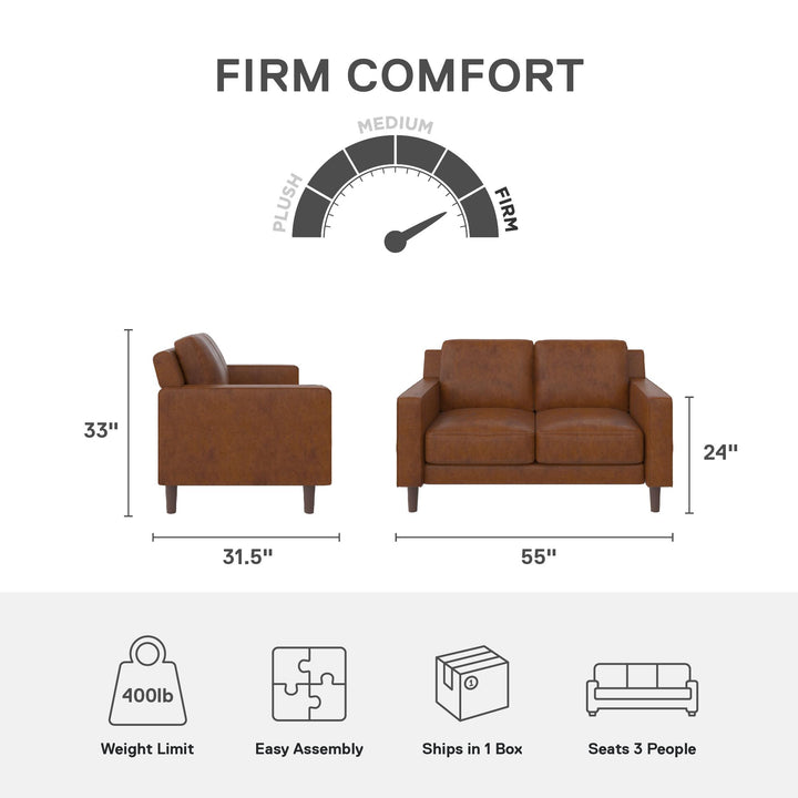 Brynn Fabric Upholstered 2 Seater Sofa with Wood Legs - Camel Faux Leather