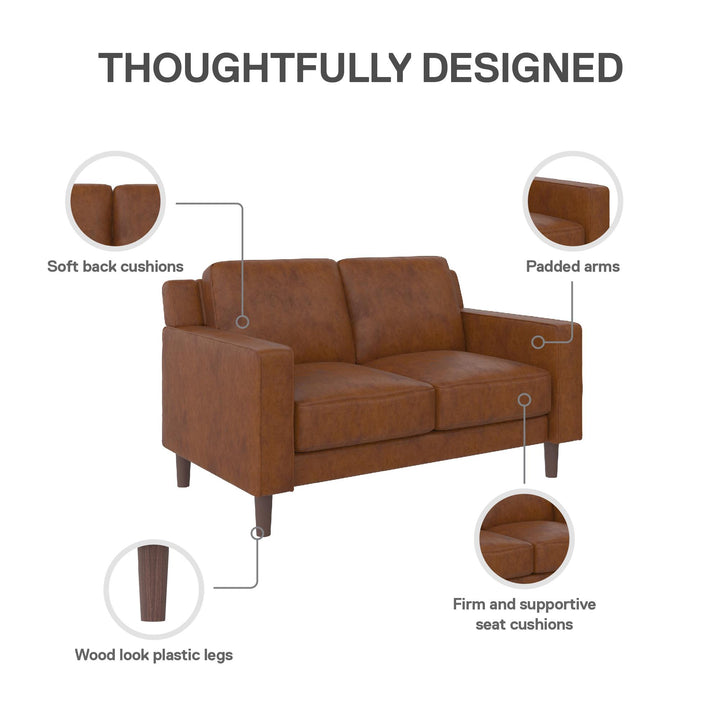 Brynn Fabric Upholstered 2 Seater Sofa with Wood Legs - Camel Faux Leather