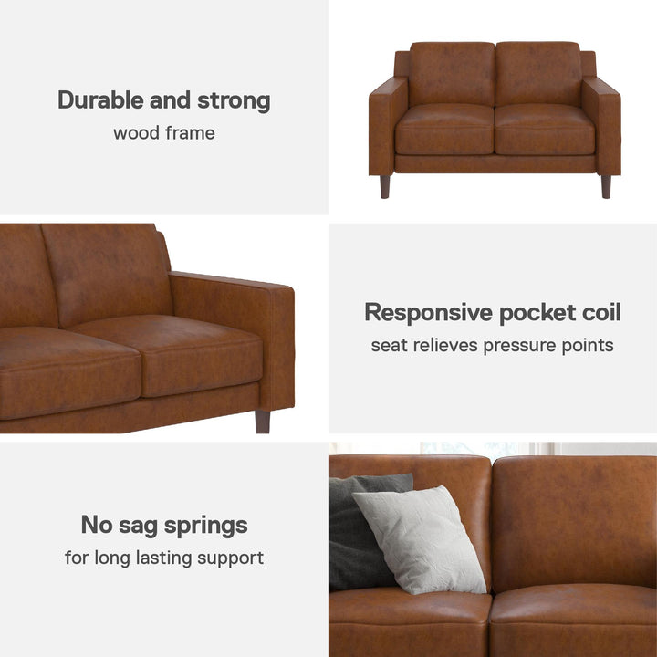 Brynn Fabric Upholstered 2 Seater Sofa with Wood Legs - Camel Faux Leather