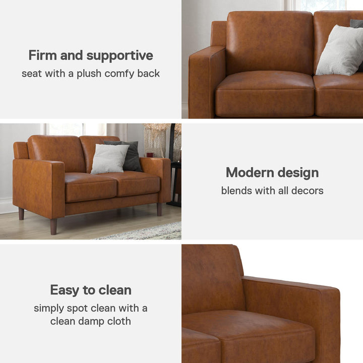 Brynn Fabric Upholstered 2 Seater Sofa with Wood Legs - Camel Faux Leather