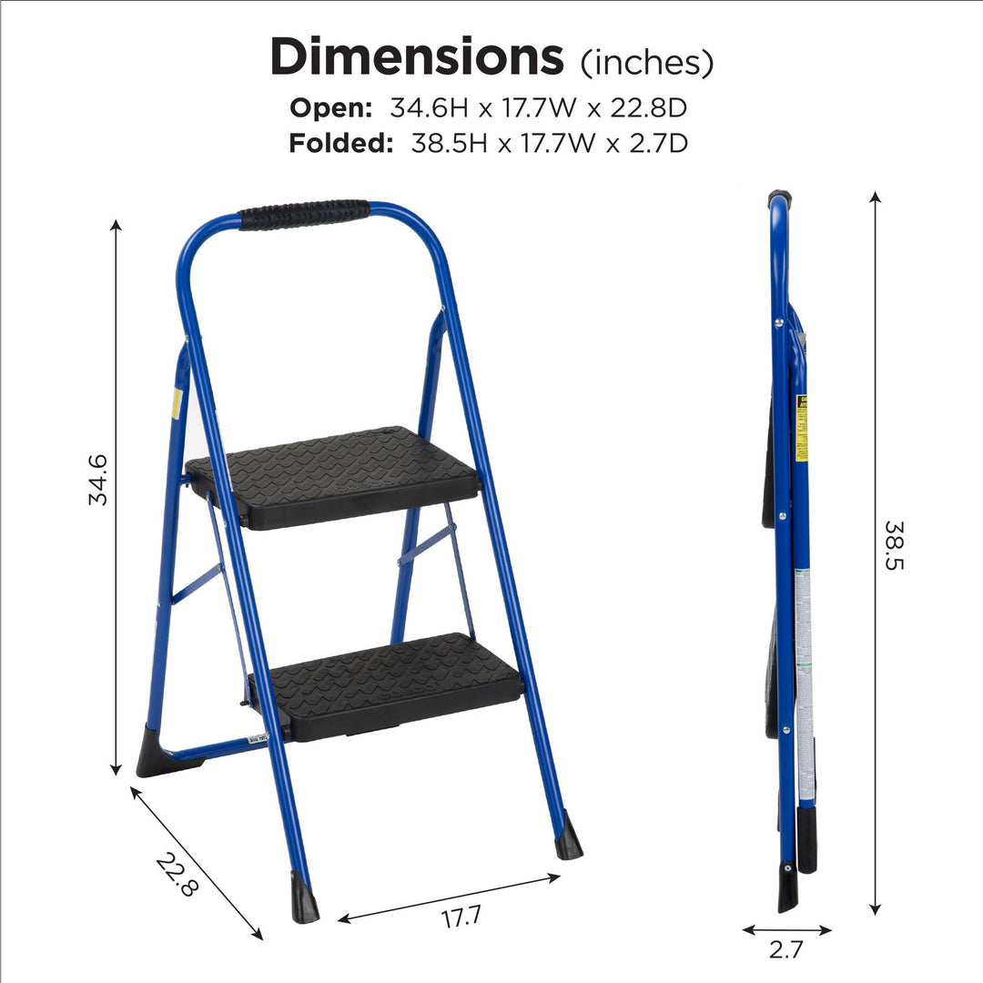 2 Step Steel Step Stool with Rubber Hand Grip - Blue / Black - 1-Pack