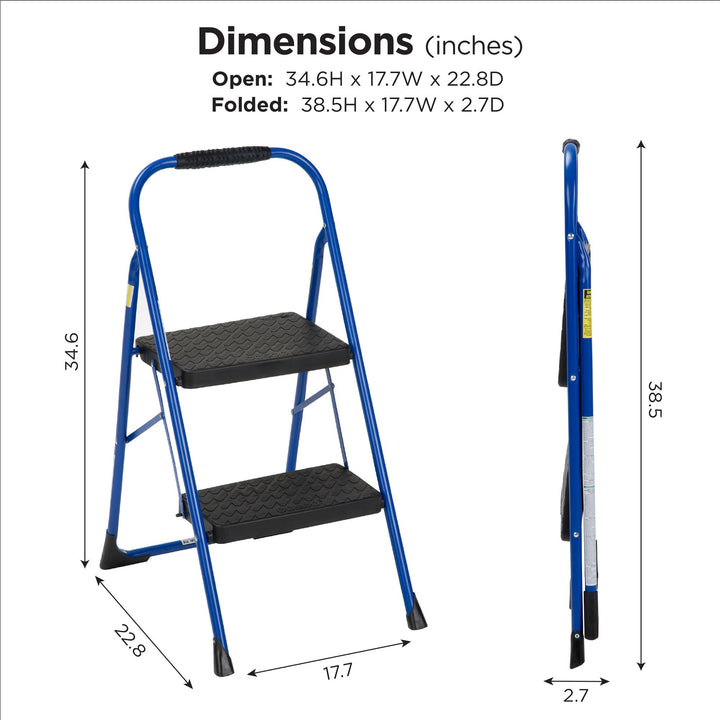 2 Step Steel Step Stool with Rubber Hand Grip - Blue / Black - 1-Pack