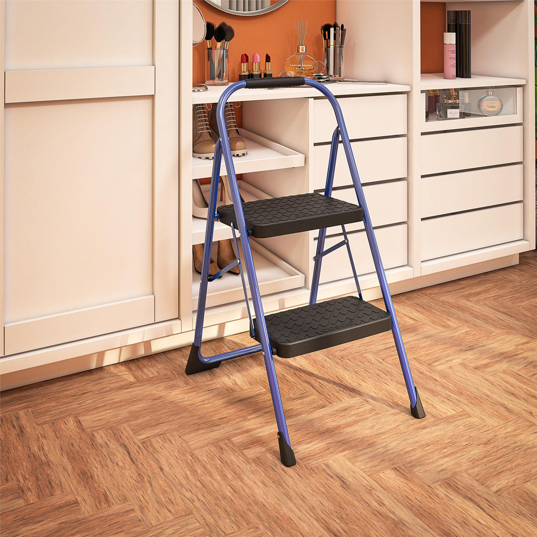 2 Step Steel Step Stool with Rubber Hand Grip - Blue / Black - 1-Pack