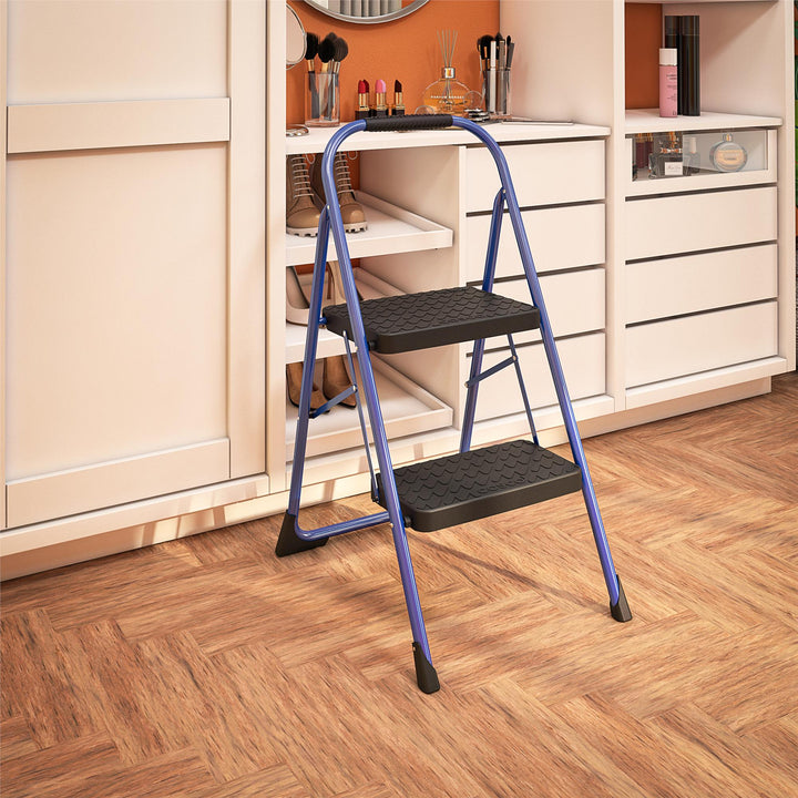 2 Step Steel Step Stool with Rubber Hand Grip - Blue / Black - 1-Pack