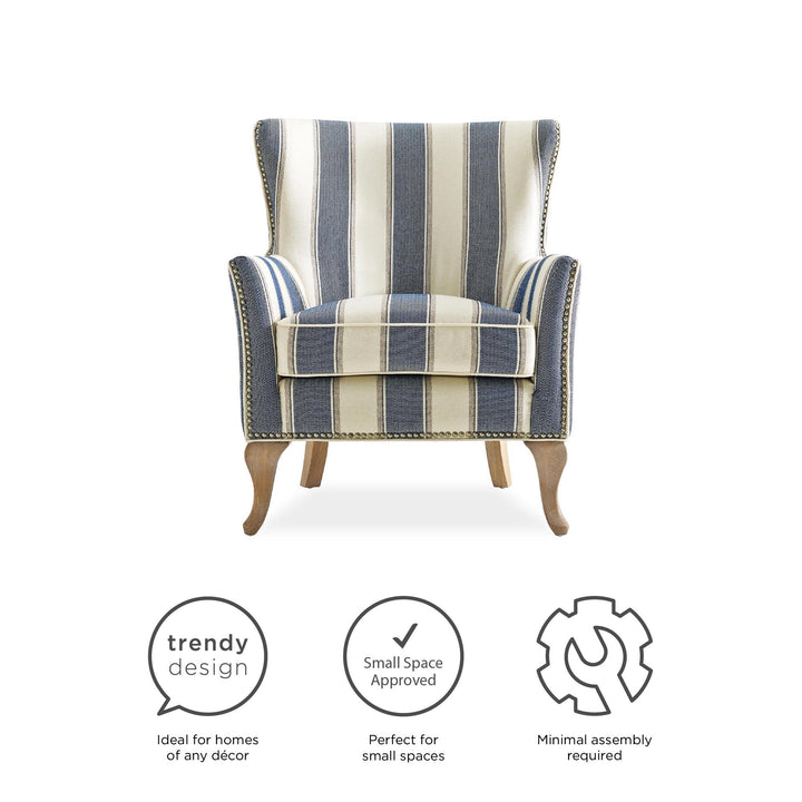 Reva Club Accent Chair with Nail Head Trim Upholstered -  Blue Stripe