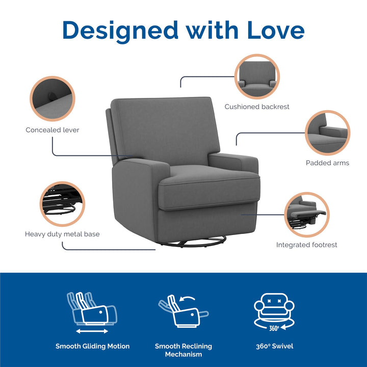 Rylan Upholstered Swivel Glider Recliner Chair with Square Back - Dark Gray