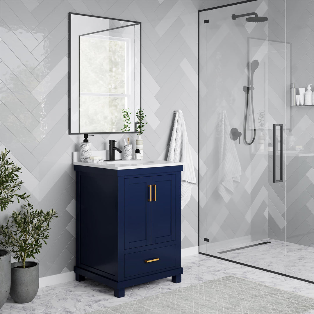 Sunnybrooke Solid Wood 24-30 Inch Bathroom Vanity with Pre-Installed Oval Porcelain Sink - Navy - 24"