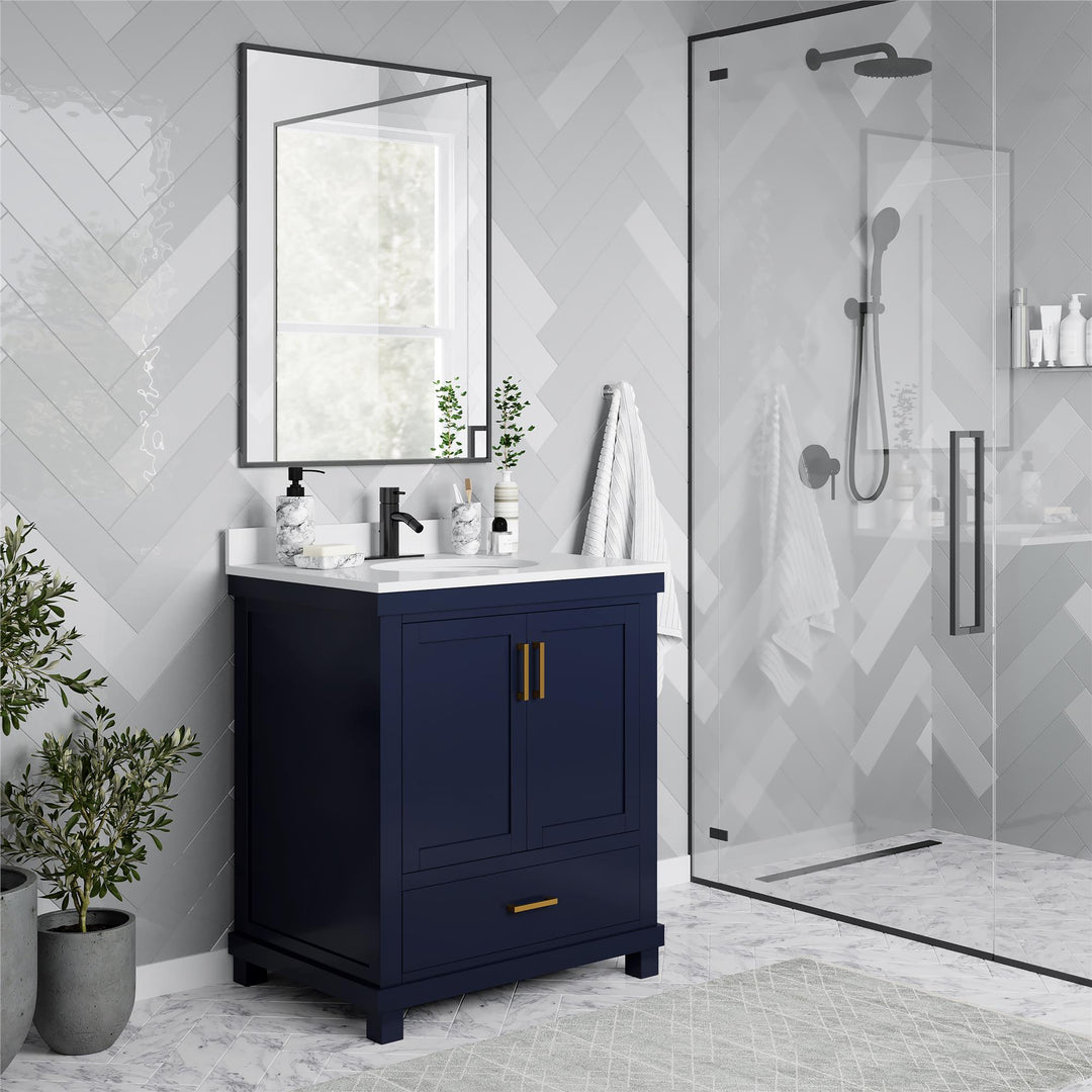 Sunnybrooke Solid Wood 24-30 Inch Bathroom Vanity with Pre-Installed Oval Porcelain Sink - Navy - 30"
