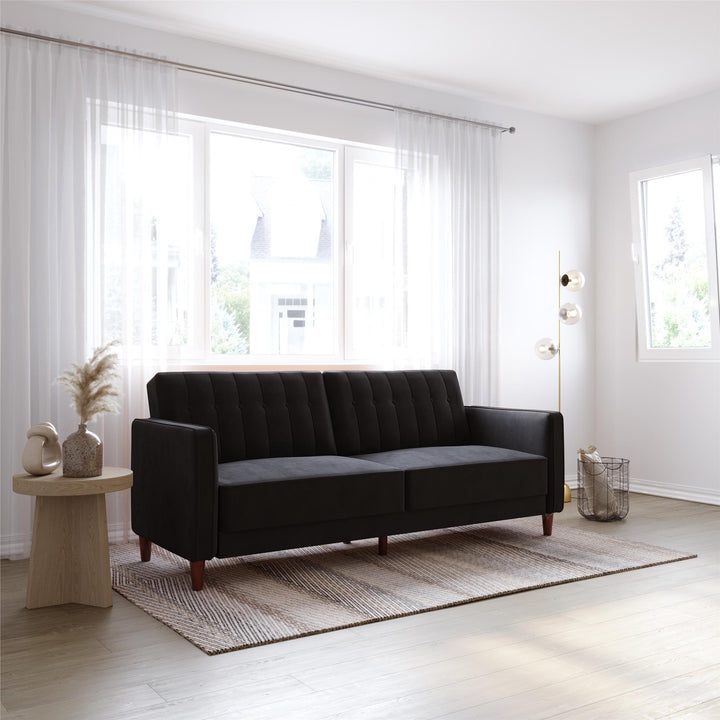 Pin Tufted Transitional Futon with Vertical Stitching and Button Tufting - Black