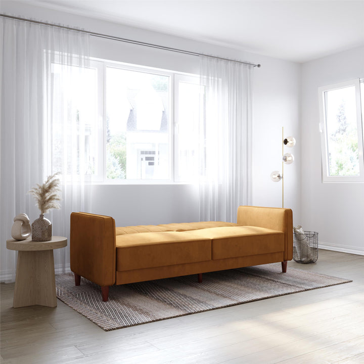 Pin Tufted Transitional Futon with Vertical Stitching and Button Tufting - Rust