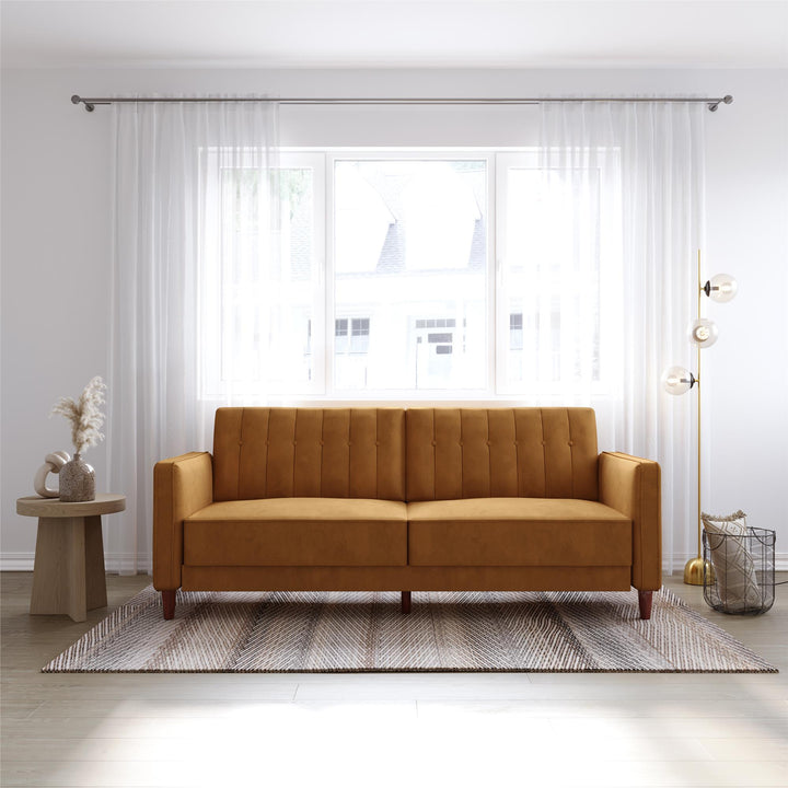 Pin Tufted Transitional Futon with Vertical Stitching and Button Tufting - Rust