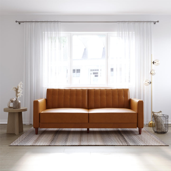 Pin Tufted Transitional Futon with Vertical Stitching and Button Tufting - Camel