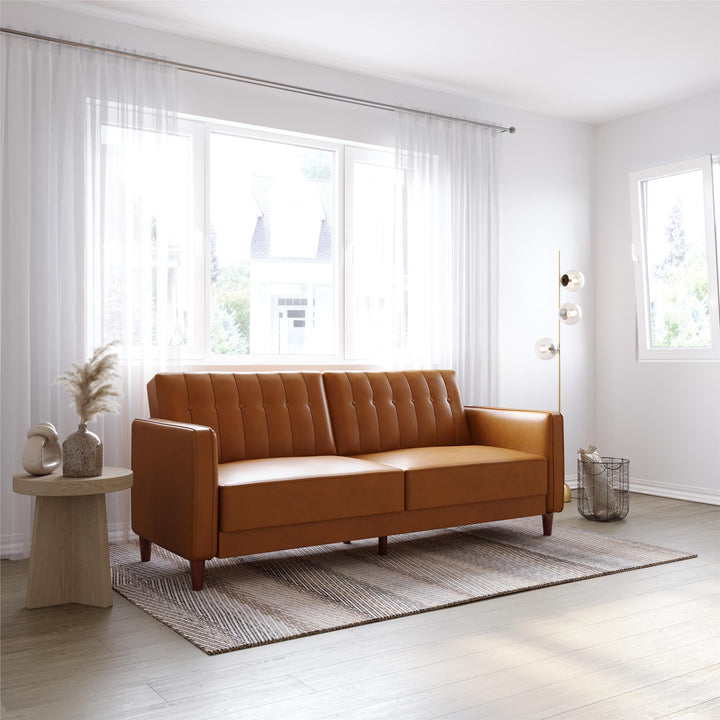 Pin Tufted Transitional Futon with Vertical Stitching and Button Tufting - Camel