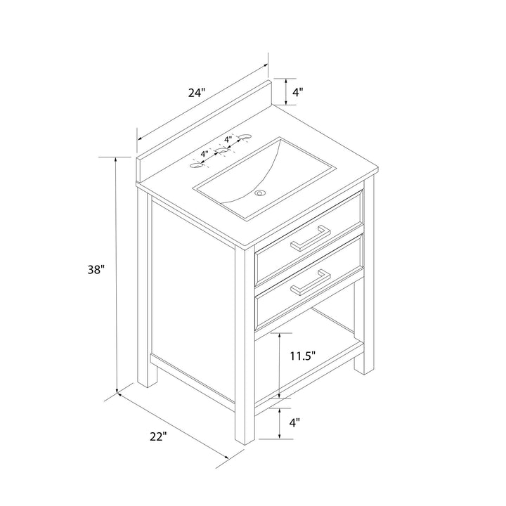 Maine 24 Inch Bathroom Vanity with Carrera Countertop and Rectangular Ceramic Sin - Gray - 24"