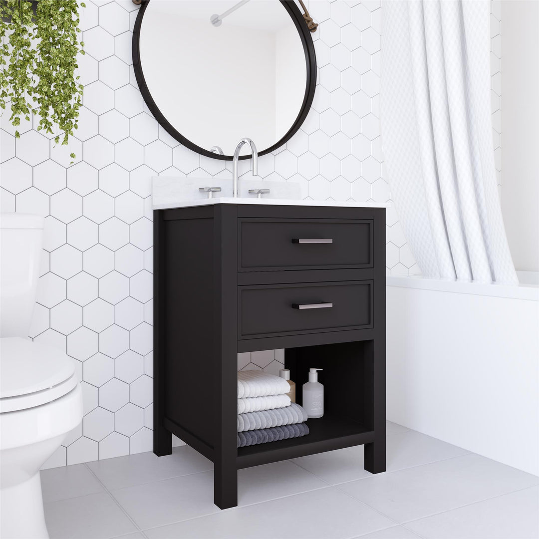 Maine 24 Inch Bathroom Vanity with Carrera Countertop and Rectangular Ceramic Sin - Black - 24"