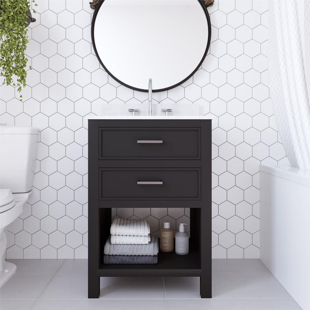 Maine 24 Inch Bathroom Vanity with Carrera Countertop and Rectangular Ceramic Sin - Black - 24"