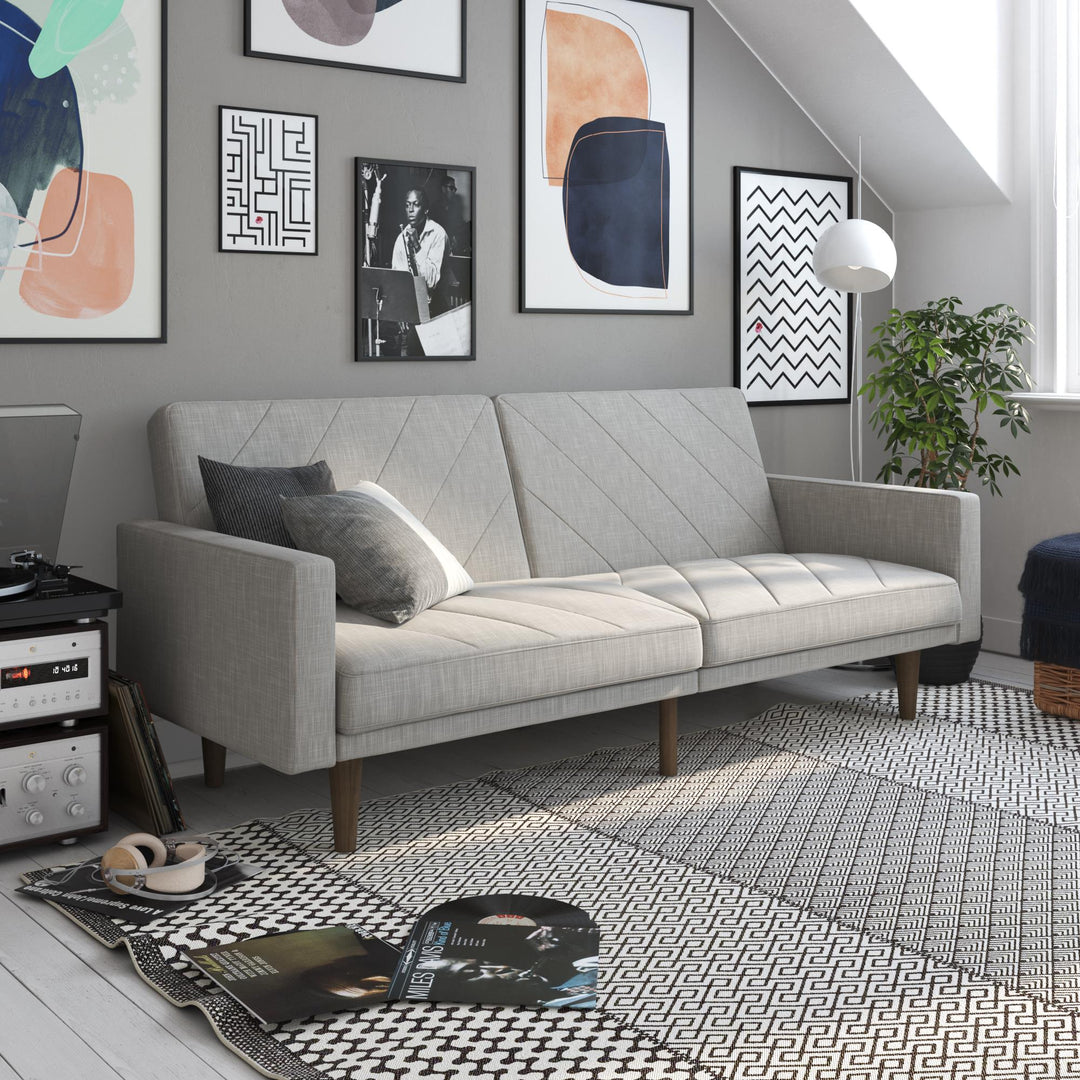 Paxson Futon with Solid Wood Legs and Diagonal Design - Light Gray