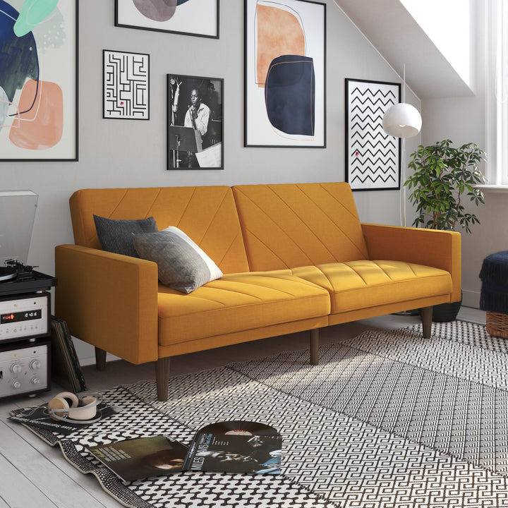 Paxson Futon with Solid Wood Legs and Diagonal Design - Mustard