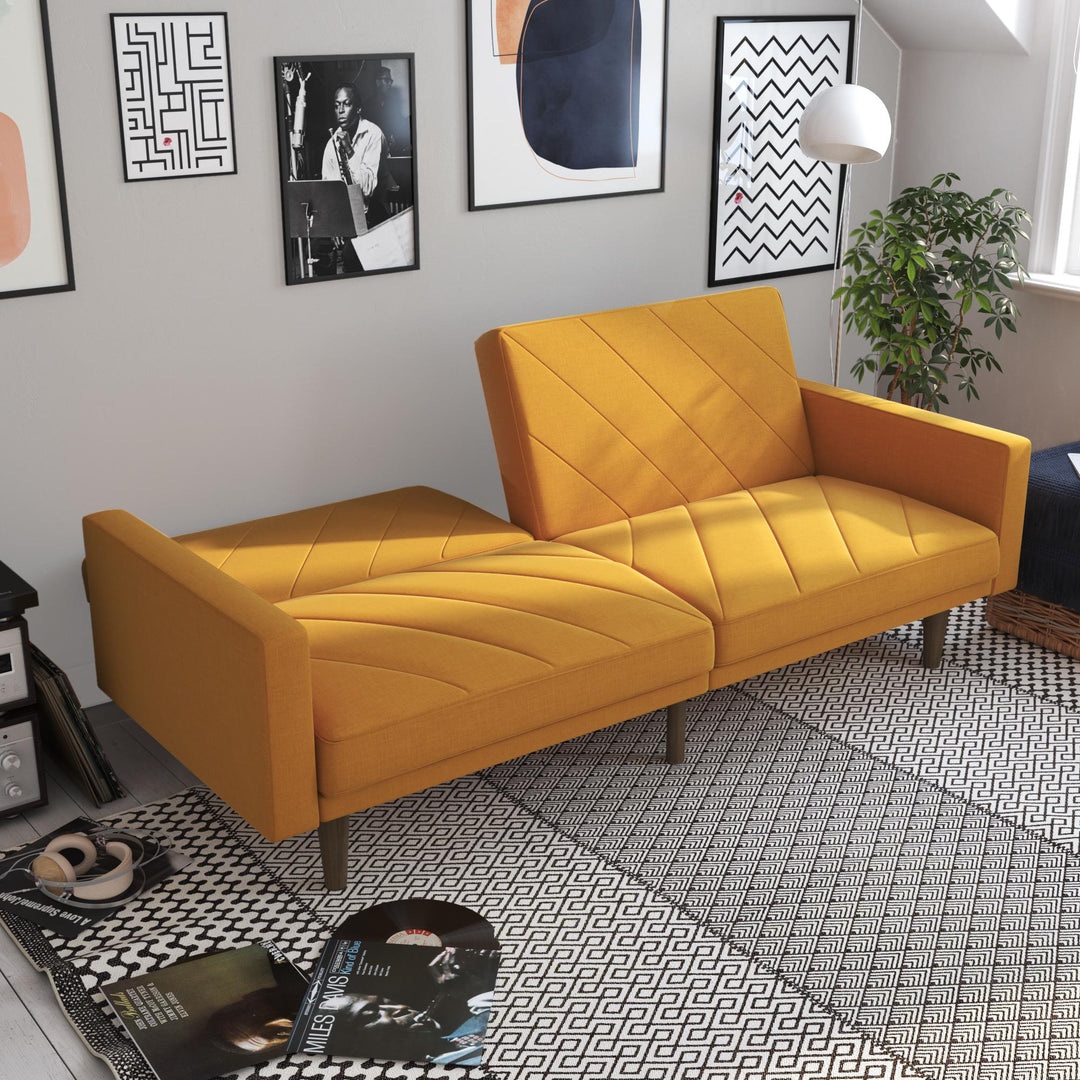 Paxson Futon with Solid Wood Legs and Diagonal Design - Mustard