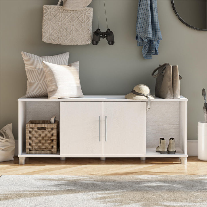 Shoe Storage Bench with 2 Open and 2 Closed Storage Compartments - Ivory Oak