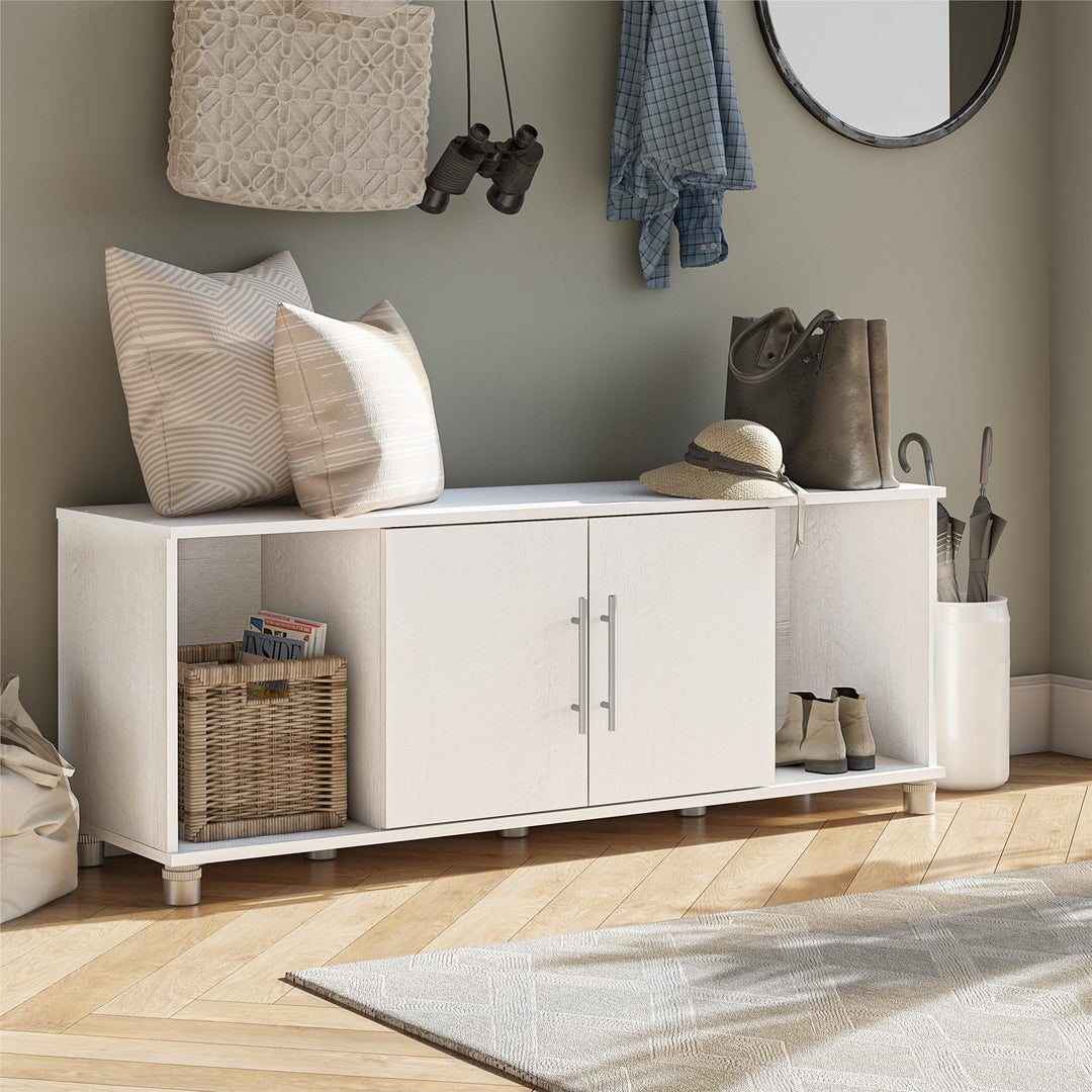 Shoe Storage Bench with 2 Open and 2 Closed Storage Compartments - Ivory Oak