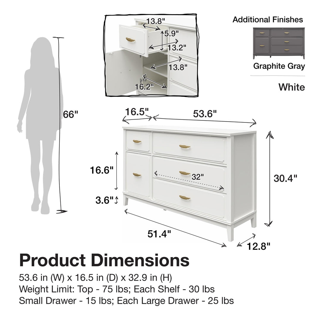 Stella Wide Dresser with 5 Drawers and Gold Feather Drawer Pulls  - White