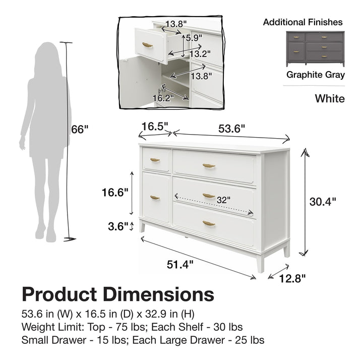 Stella Wide Dresser with 5 Drawers and Gold Feather Drawer Pulls  - White