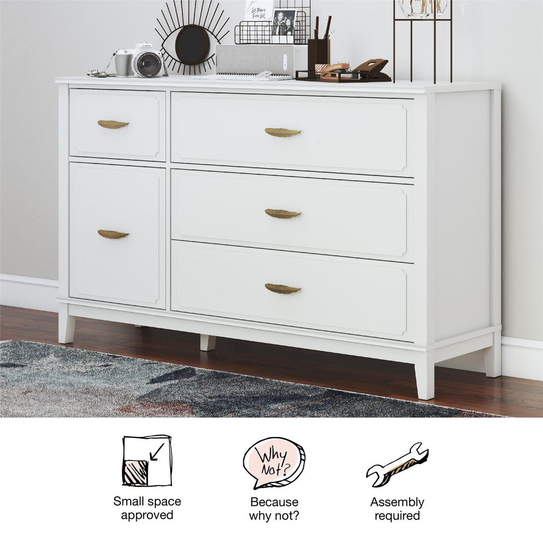 Stella Wide Dresser with 5 Drawers and Gold Feather Drawer Pulls  - White