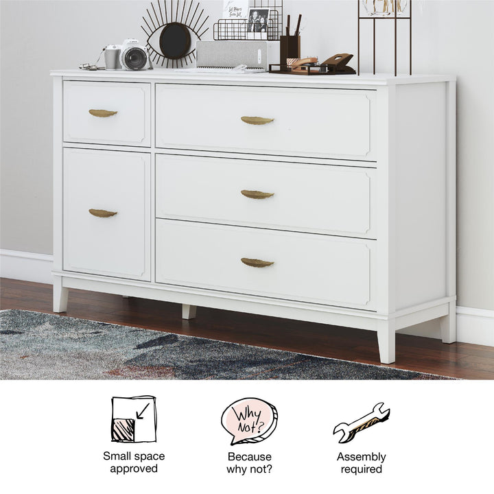 Stella Wide Dresser with 5 Drawers and Gold Feather Drawer Pulls  - White