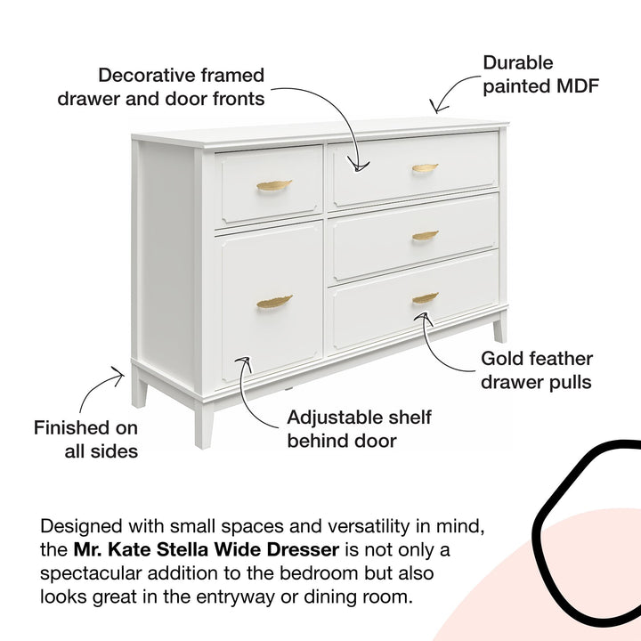 Stella Wide Dresser with 5 Drawers and Gold Feather Drawer Pulls  - White
