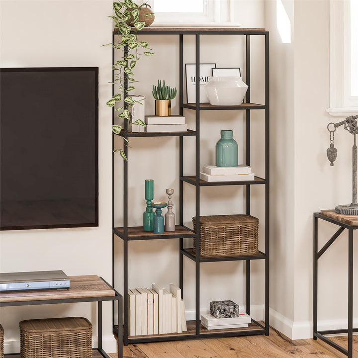 Fayette 5 Open Shelf Bookcase with Sturdy Metal Frame - Weathered Oak