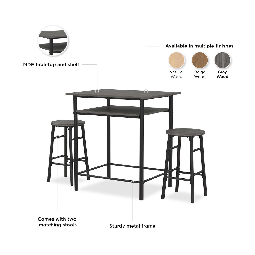 Jace Counter Height Kitchen 3 Piece Pub Set, Wood Finish and Metal Frame, Pub Table and 2 Stools - Gray