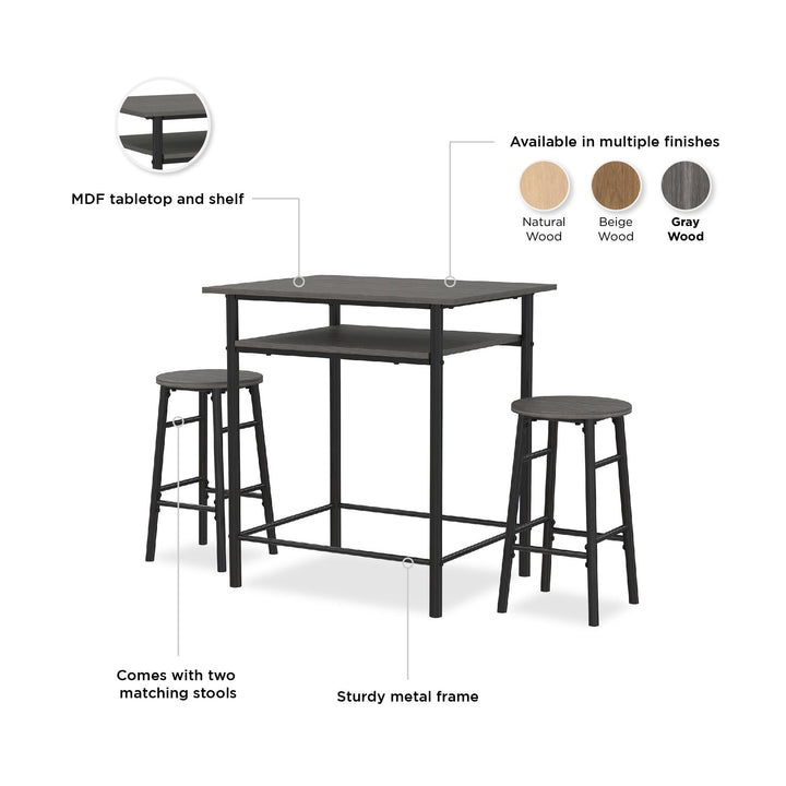 Jace Counter Height Kitchen 3 Piece Pub Set, Wood Finish and Metal Frame, Pub Table and 2 Stools - Gray