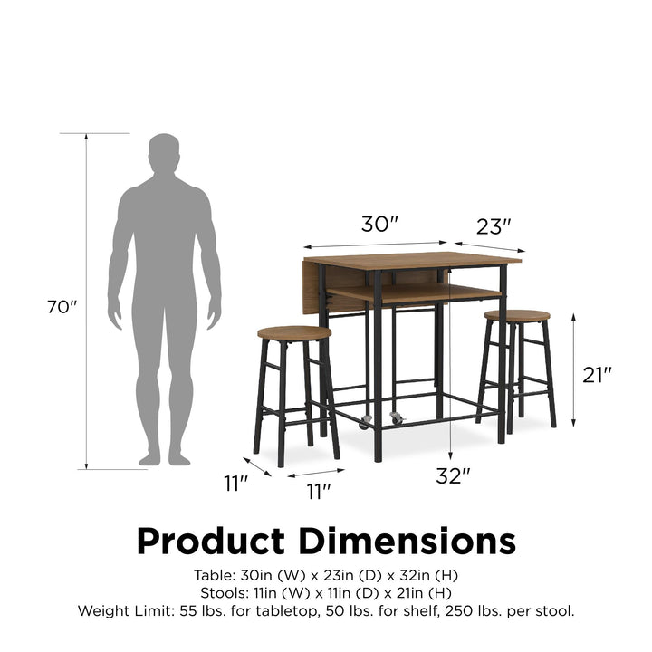 Jace Counter Height Kitchen 3 Piece Pub Set with Drop Leaf and 2 Counter Height Stools - Beige