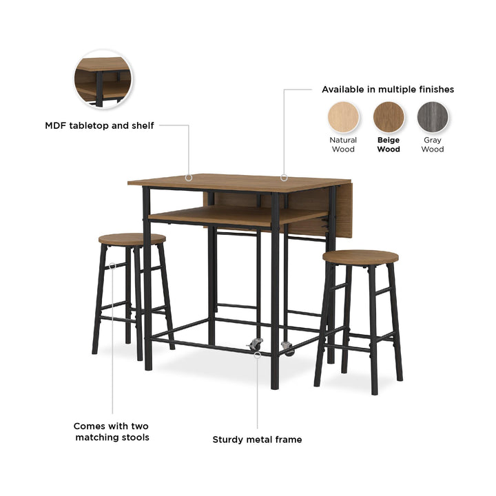 Jace Counter Height Kitchen 3 Piece Pub Set with Drop Leaf and 2 Counter Height Stools - Beige
