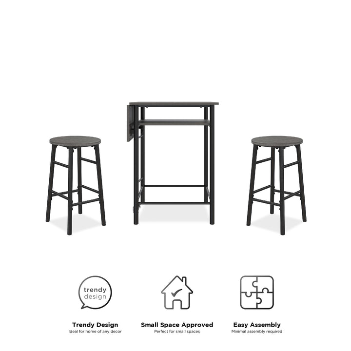 Jace Counter Height Kitchen 3 Piece Pub Set with Drop Leaf and 2 Counter Height Stools - Gray