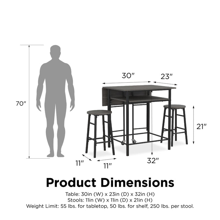 Jace Counter Height Kitchen 3 Piece Pub Set with Drop Leaf and 2 Counter Height Stools - Gray
