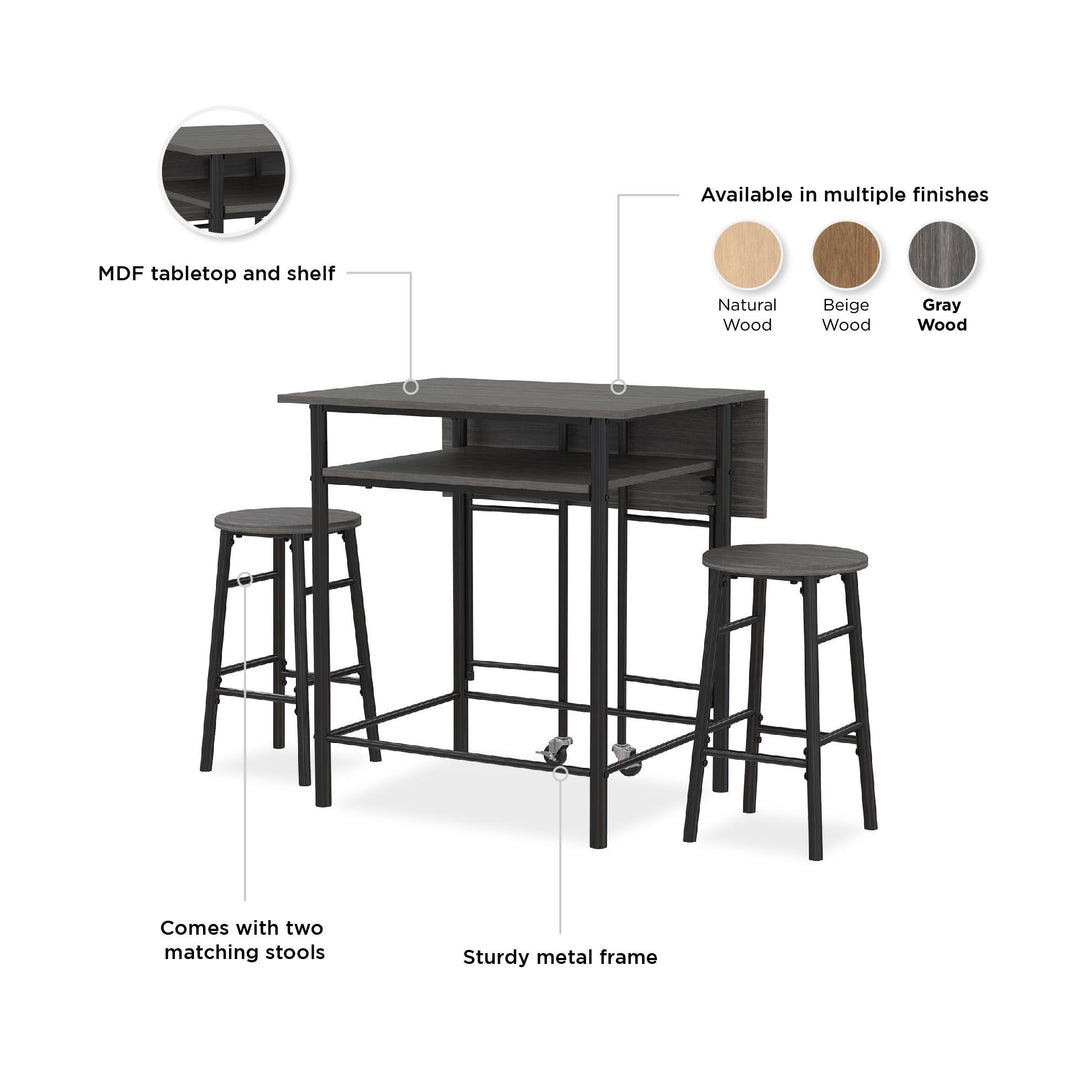 Jace Counter Height Kitchen 3 Piece Pub Set with Drop Leaf and 2 Counter Height Stools - Gray