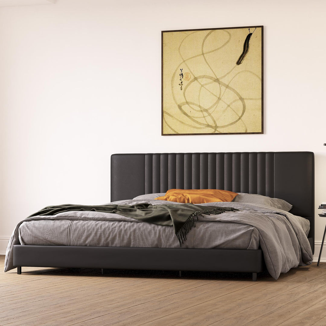 Rio Faux Leather Upholstered Platform Bed with Tufted Headboard - Black - King
