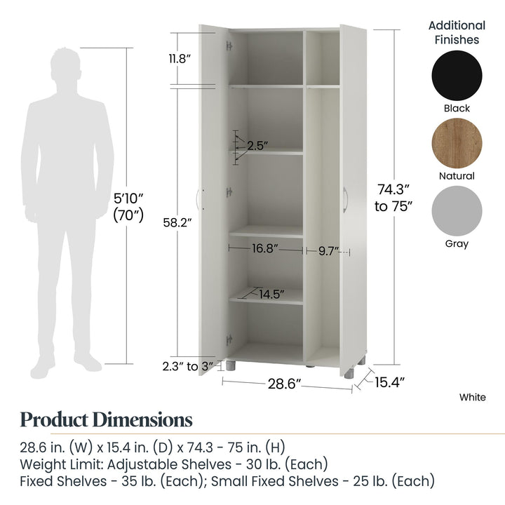 Basin Tall Asymmetrical Storage Cabinet with Adjustable Shelving and Feet - White